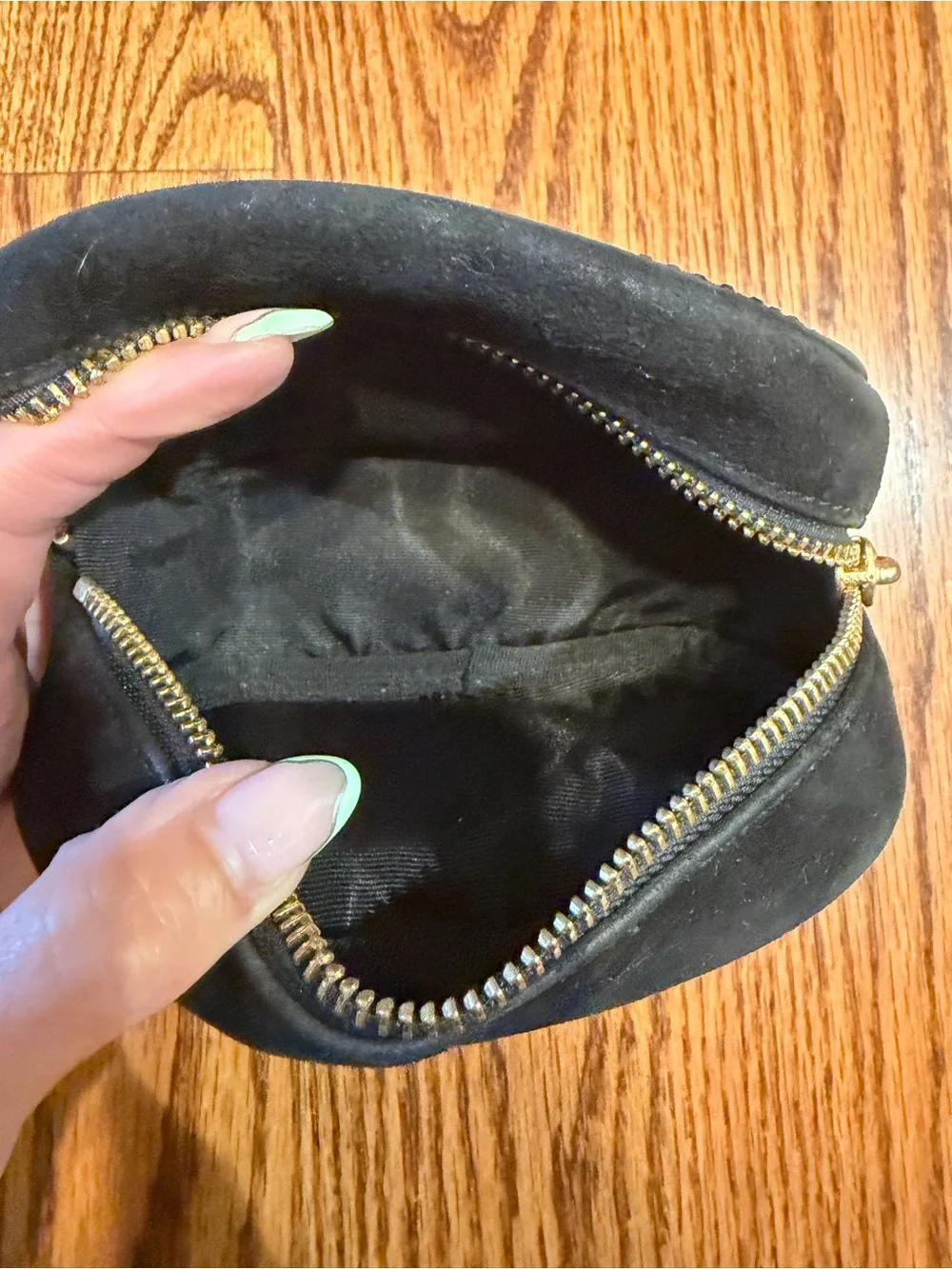 Tory Burch Black Suede Crystal-Stud Cosmetic Case with Gold Logo Charm